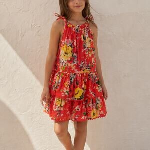 Zimmermann Girl Red Floral Print Tiered Cotton Sleeveless Mini Dress, size 8